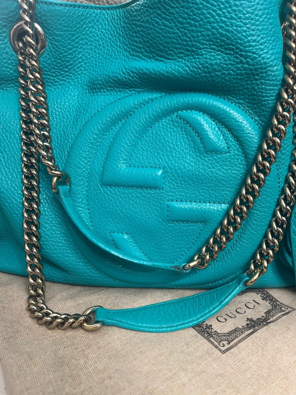 Gucci Turquoise Soho Leather Shoulder Bag with Tassel Accent - Picture 5 of 14
